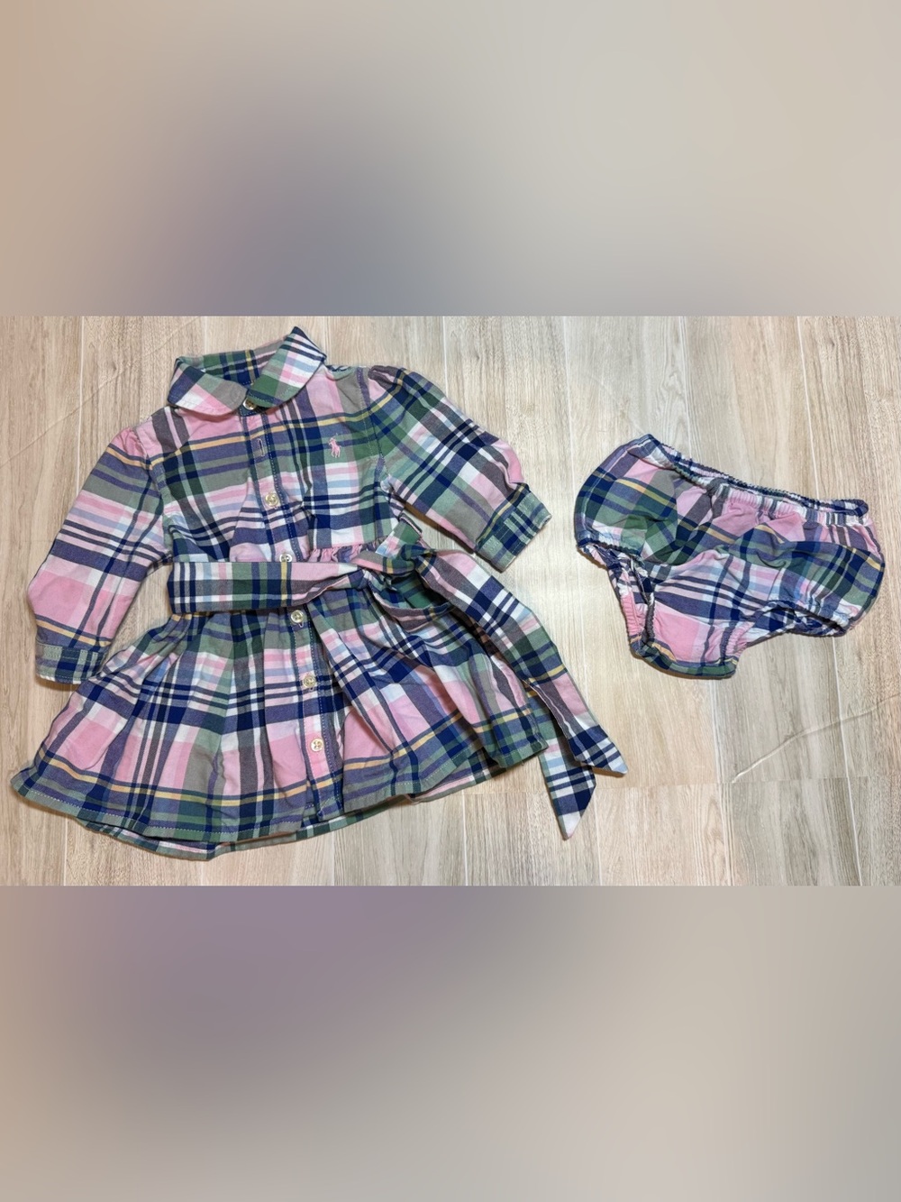 Ralph Lauren Pink, Green & Navy Plaid Baby Dress with Bloomer 3M